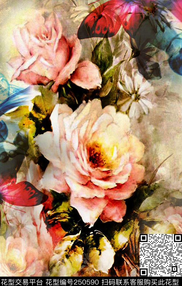 慧慧蝴蝶独幅定位数码印花华亿平台下载（图片编号: 250590） - 瓦栏（Walan）