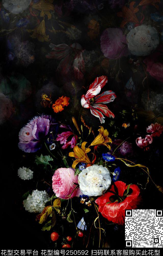 黑底油画静物花卉数码印花华亿平台下载（图片编号: 250592） - 瓦栏（Walan）