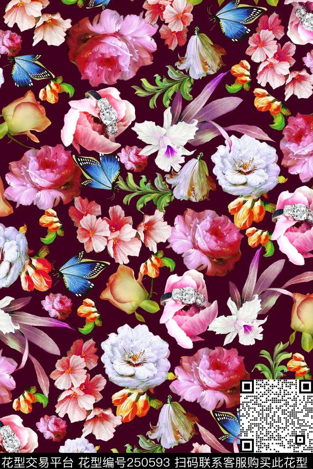 花卉平铺数码印花华亿平台下载（图片编号: 250593） - 瓦栏（Walan）