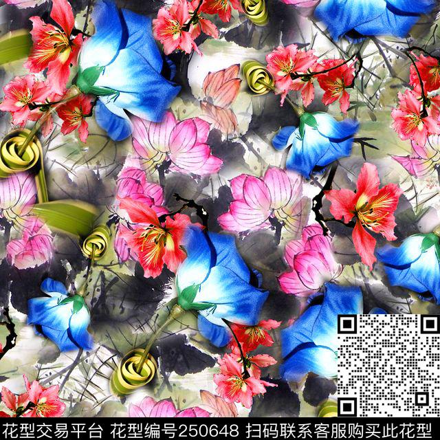 花卉水墨写意国画照片花卉混搭数码印花华亿平台下载（图片编号: 250648） - 瓦栏（Walan）