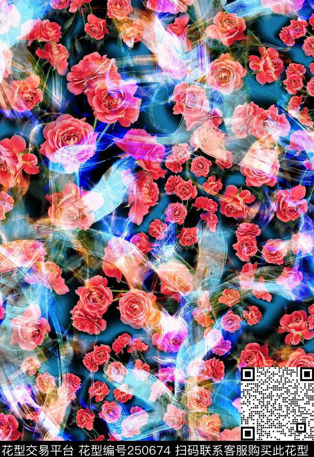 花卉玫瑰光线光感轻盈花卉数码印花华亿平台下载（图片编号: 250674） - 瓦栏（Walan）
