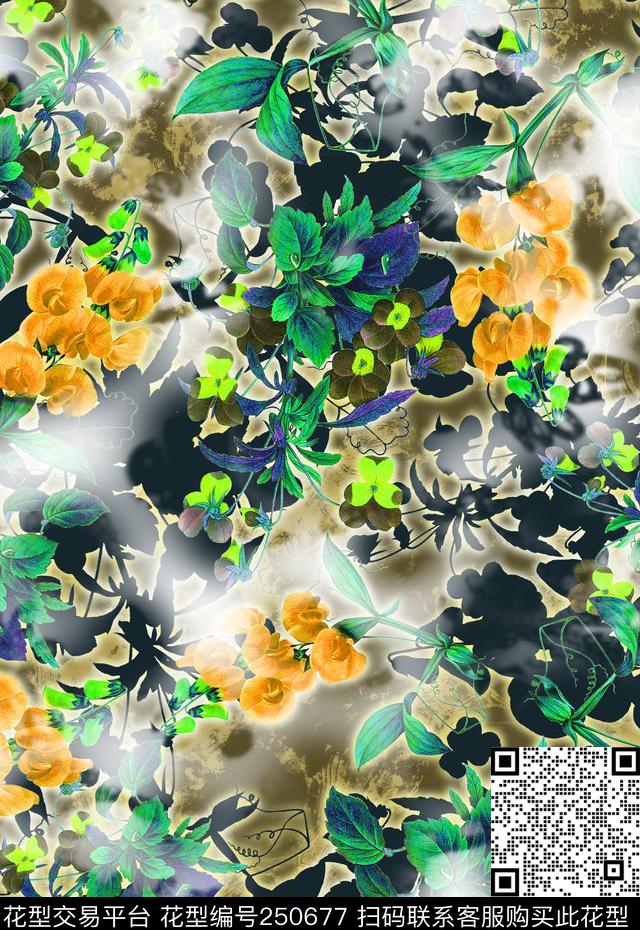 花卉橘色花卉花卉数码印花华亿平台下载（图片编号: 250677） - 瓦栏（Walan）