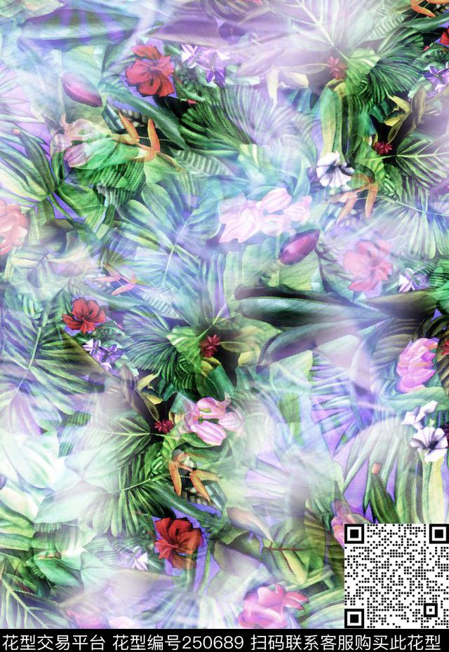 热带风情花卉枝叶花卉数码印花华亿平台下载（图片编号: 250689） - 瓦栏（Walan）