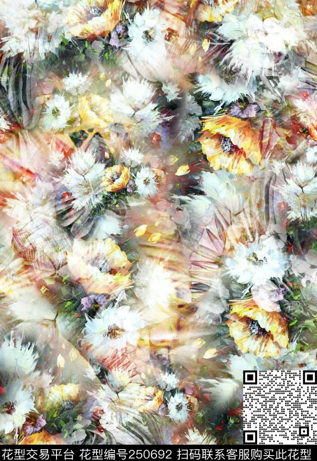 抽象笔触花卉花卉数码印花华亿平台下载（图片编号: 250692） - 瓦栏（Walan）