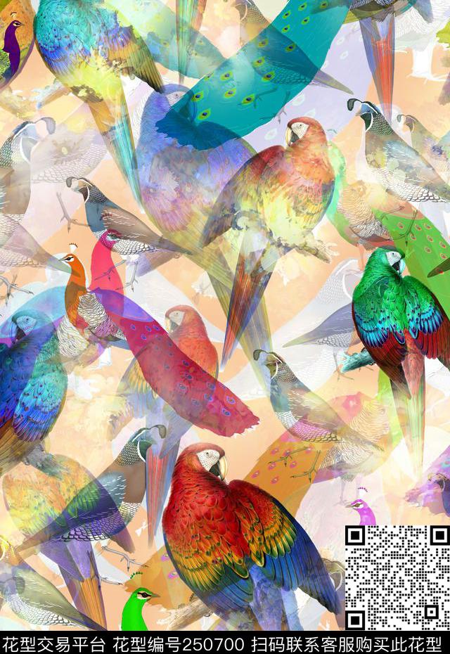 朦胧鸟鹦鹉热带动物动物数码印花华亿平台下载（图片编号: 250700） - 瓦栏（Walan）