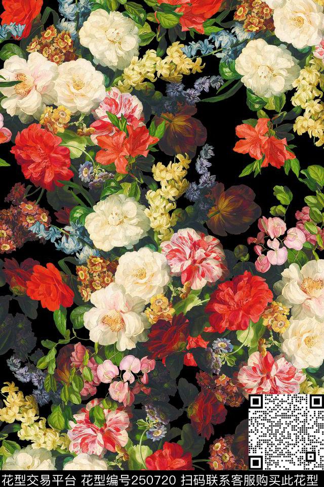 黑底花卉古典花卉花卉数码印花华亿平台下载（图片编号: 250720） - 瓦栏（Walan）