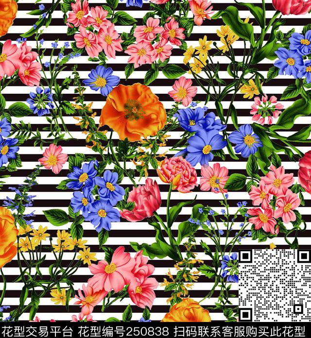花卉条纹传统印花华亿平台下载（图片编号: 250838） - 瓦栏（Walan）
