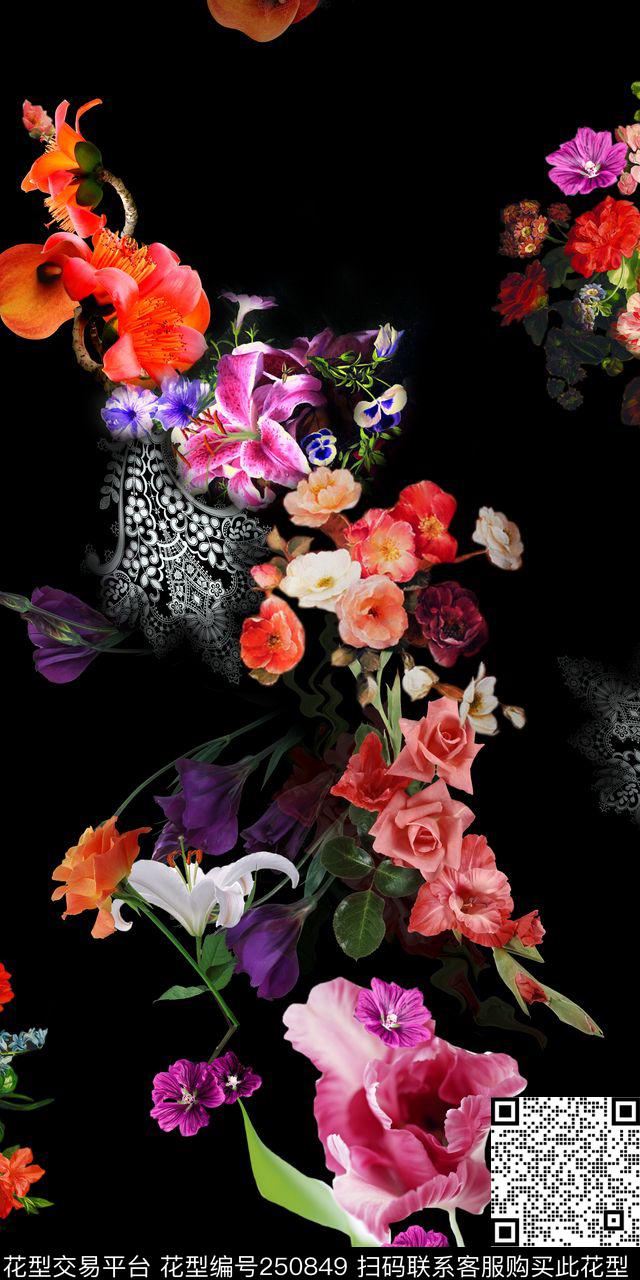 黑底花卉蕾丝欧式数码印花华亿平台下载（图片编号: 250849） - 瓦栏（Walan）