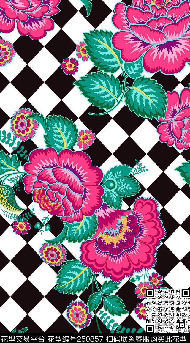 牡丹几何中国风仿传统纹样大牌风民族风花卉格子传统印花华亿平台下载（图片编号: 250857） - 瓦栏（Walan）