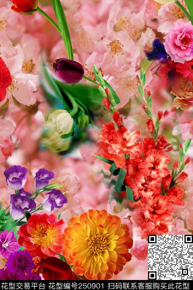 花卉满底樱花粉红菊花数码印花华亿平台下载（图片编号: 250901） - 瓦栏（Walan）