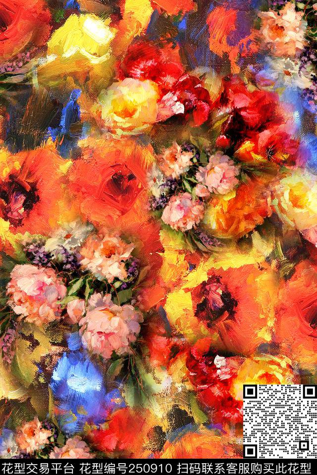 花卉油画肌理笔触数码印花华亿平台下载（图片编号: 250910） - 瓦栏（Walan）
