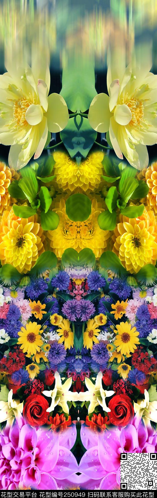 花卉定位独幅镜像对称滴状花卉定位数码印花华亿平台下载（图片编号: 250949） - 瓦栏（Walan）