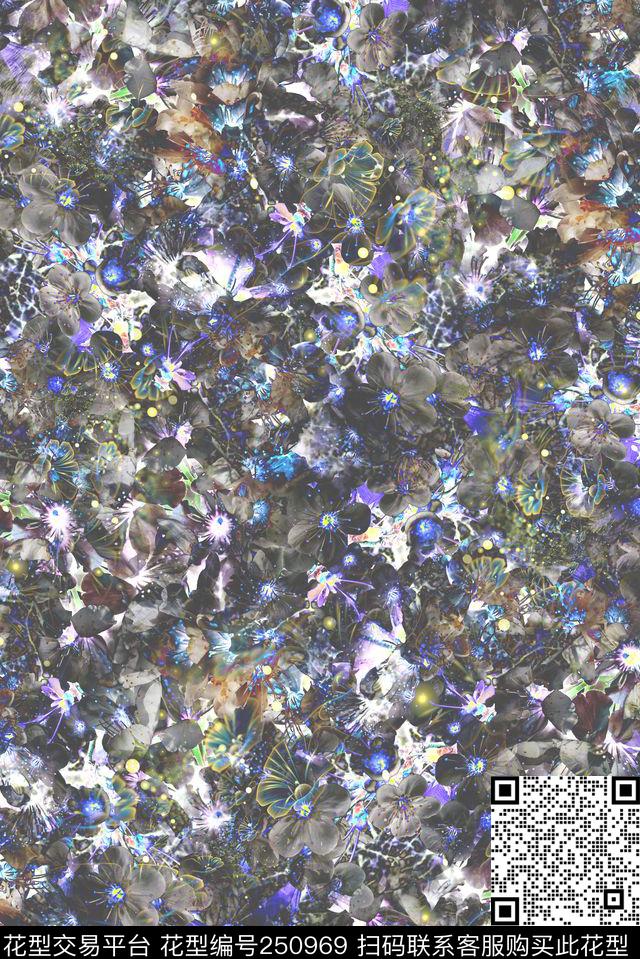 暗调闪烁璀璨花卉黑色数码印花华亿平台下载（图片编号: 250969） - 瓦栏（Walan）