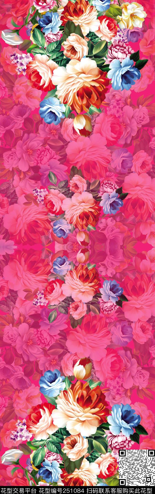 花卉红色桃红长巾边框数码印花华亿平台下载（图片编号: 251084） - 瓦栏（Walan）