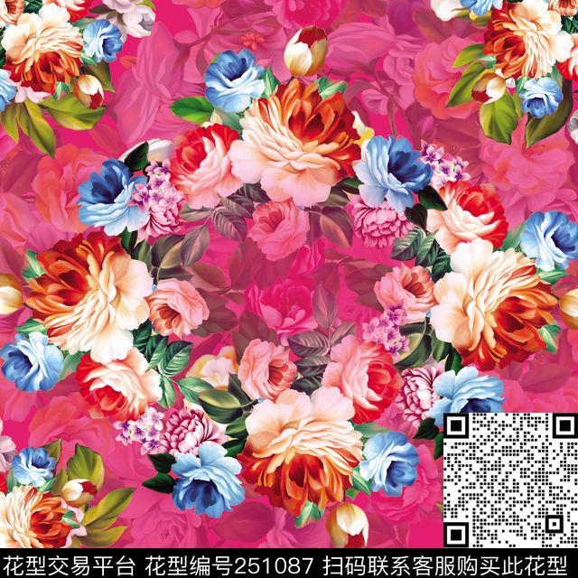 花卉红色桃红方巾边框数码印花华亿平台下载（图片编号: 251087） - 瓦栏（Walan）
