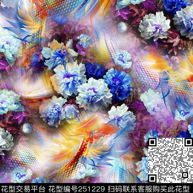 花卉抽象绚丽迷人花卉爆款散花数码印花华亿平台下载（图片编号: 251229） - 瓦栏（Walan）