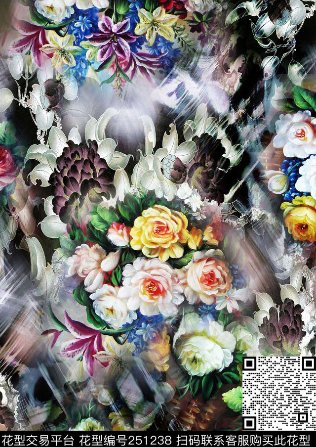 花卉抽象绚丽迷人花卉爆款散花数码印花华亿平台下载（图片编号: 251238） - 瓦栏（Walan）
