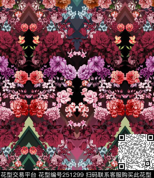 花卉镜像对称几何数码印花华亿平台下载（图片编号: 251299） - 瓦栏（Walan）