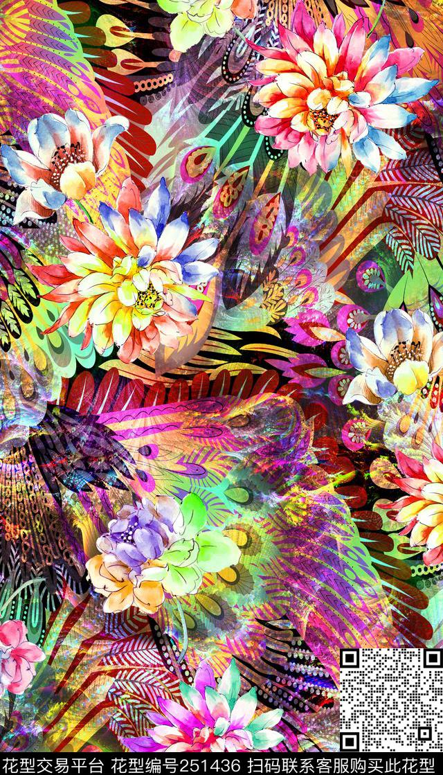 炫彩中国风花卉翅膀花卉数码印花华亿平台下载（图片编号: 251436） - 瓦栏（Walan）