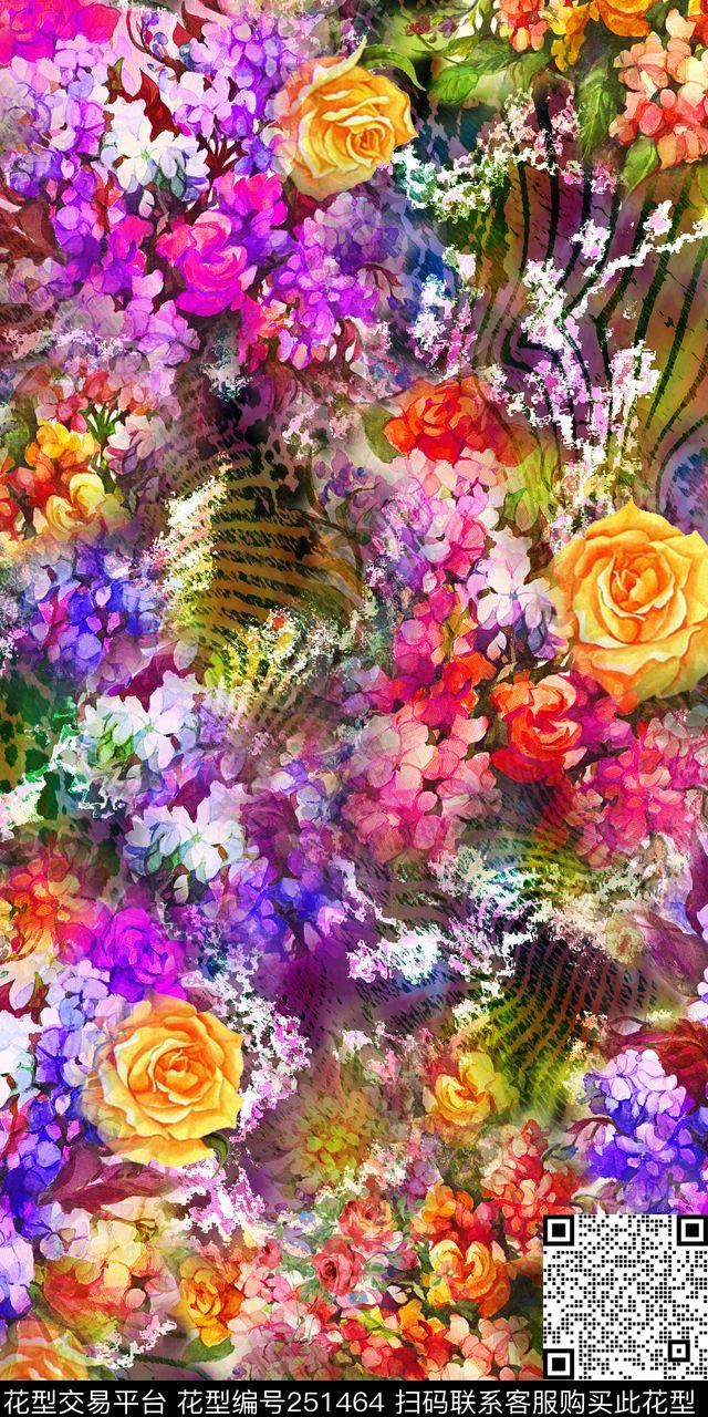 花卉满底迷人花卉多彩花卉数码印花华亿平台下载（图片编号: 251464） - 瓦栏（Walan）