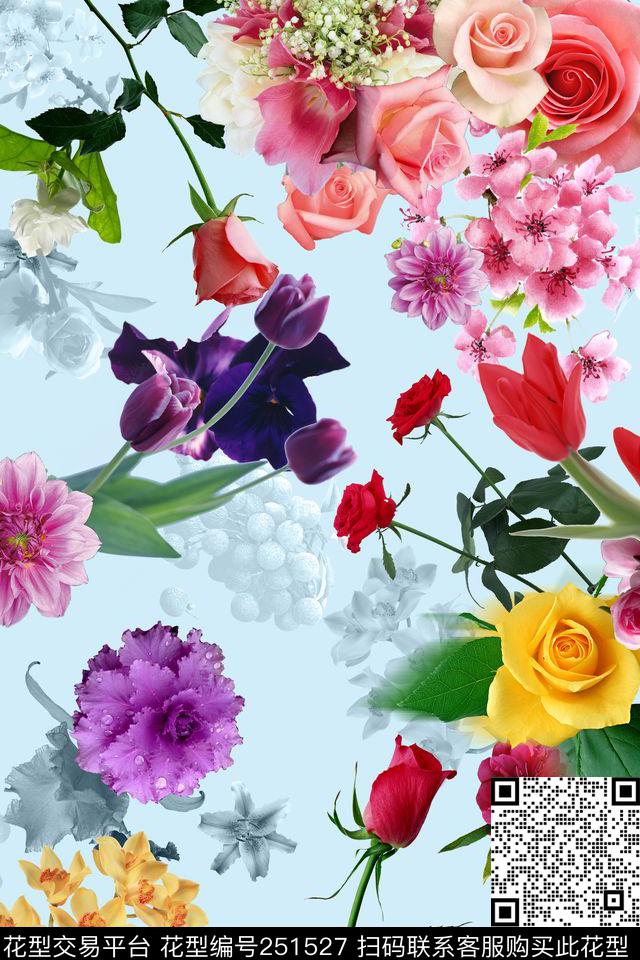 蓝色底花卉鲜花照片玫瑰菊花数码印花华亿平台下载（图片编号: 251527） - 瓦栏（Walan）