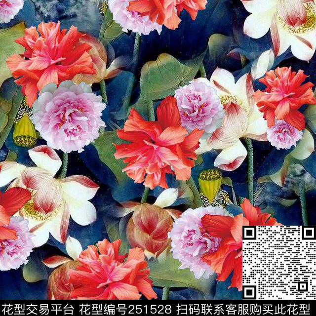水彩写实花卉清新淡雅牡丹莲花满底数码印花华亿平台下载（图片编号: 251528） - 瓦栏（Walan）