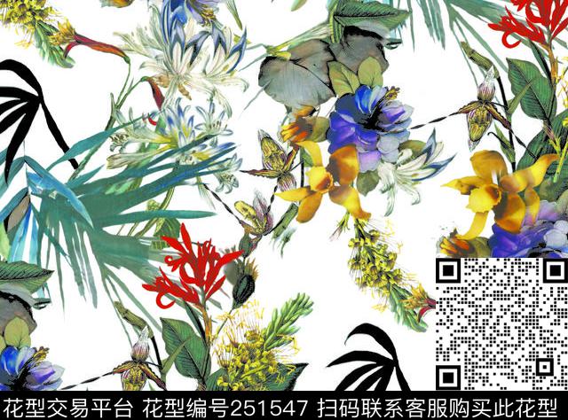 清新淡雅白底花卉数码印花华亿平台下载（图片编号: 251547） - 瓦栏（Walan）