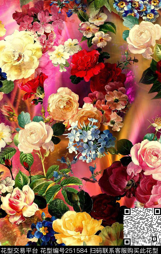 满底花卉多彩迷人花卉数码印花华亿平台下载（图片编号: 251584） - 瓦栏（Walan）