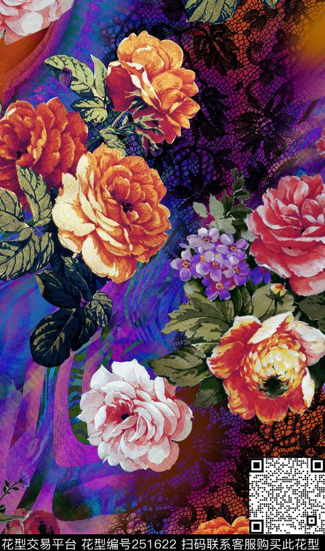 花卉玫瑰蕾丝动物纹花卉数码印花华亿平台下载（图片编号: 251622） - 瓦栏（Walan）