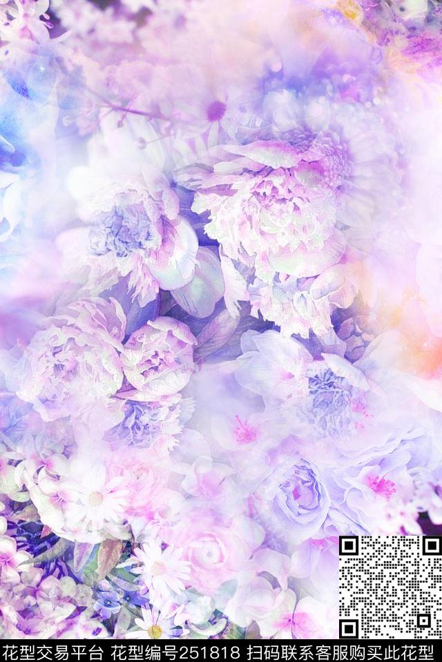 朦胧清新淡雅温馨梦幻紫色花卉数码印花华亿平台下载（图片编号: 251818） - 瓦栏（Walan）