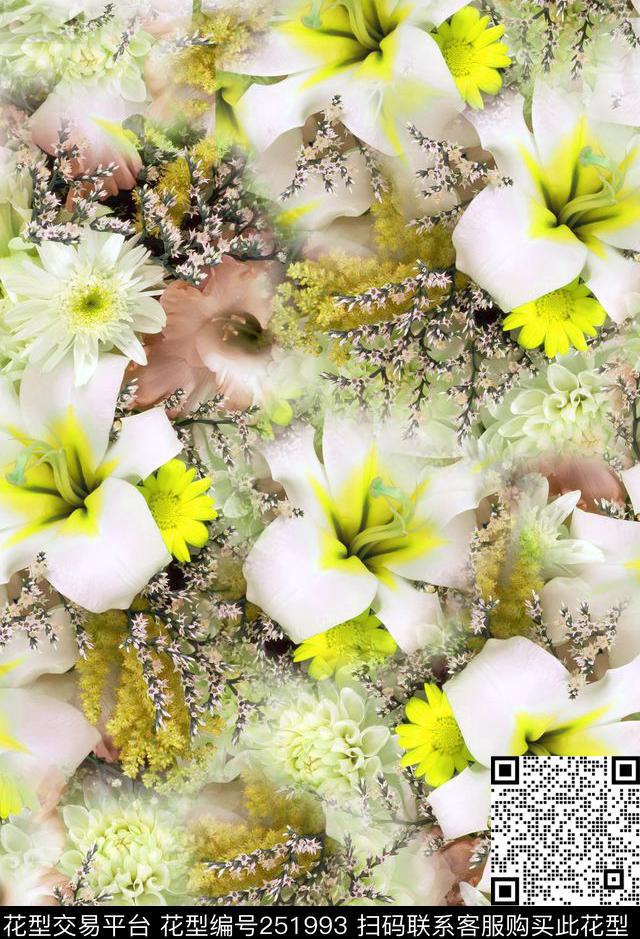 朦胧满底花卉照片写实花卉休闲数码印花华亿平台下载（图片编号: 251993） - 瓦栏（Walan）