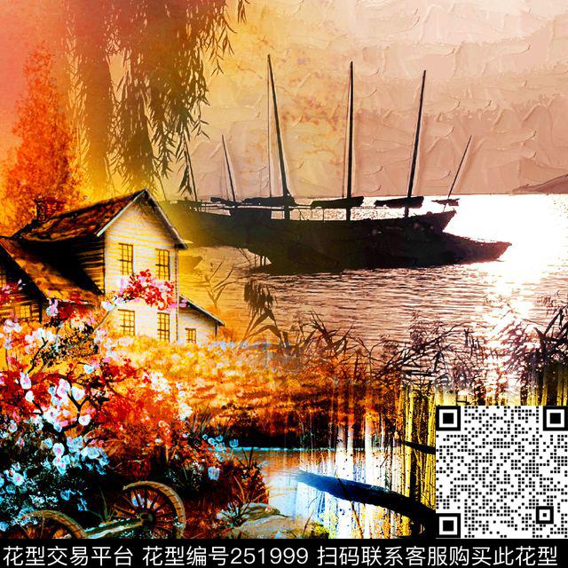 方巾边框风景方巾边框油画风景景色数码印花华亿平台下载（图片编号: 251999） - 瓦栏（Walan）