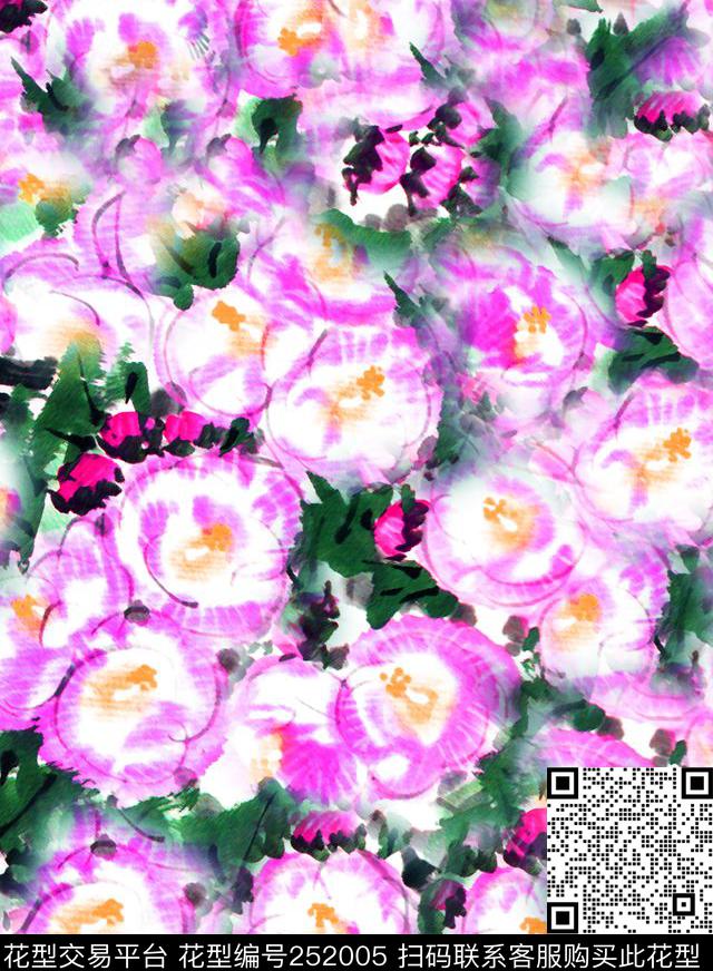 手绘抽象花卉满底水彩水墨花卉休闲数码印花华亿平台下载（图片编号: 252005） - 瓦栏（Walan）