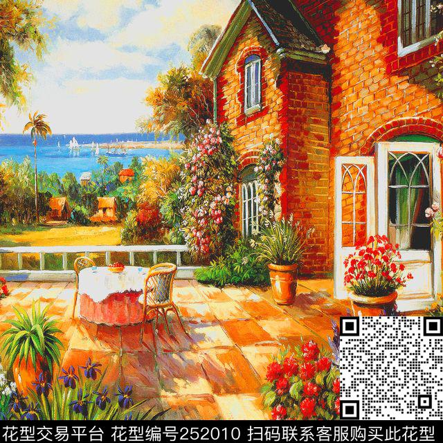 方巾边框油画风景景色数码印花华亿平台下载（图片编号: 252010） - 瓦栏（Walan）