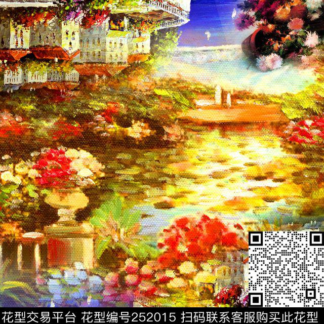 方巾边框油画风景景色花园数码印花华亿平台下载（图片编号: 252015） - 瓦栏（Walan）