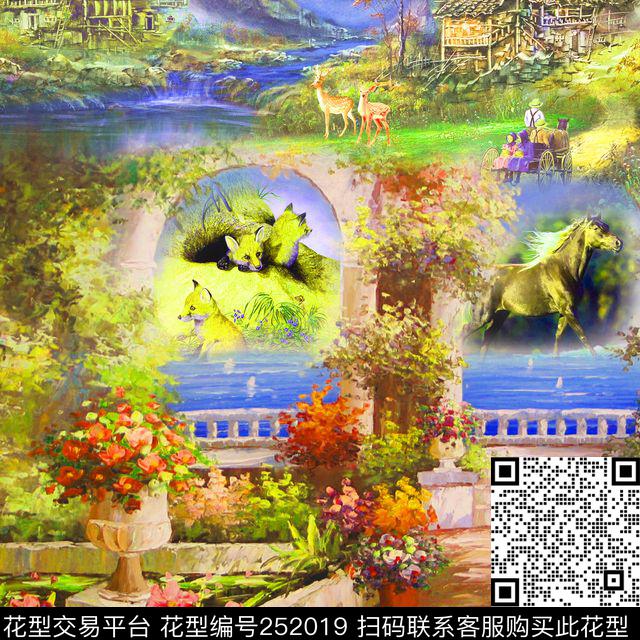方巾边框油画风景景色花园数码印花华亿平台下载（图片编号: 252019） - 瓦栏（Walan）