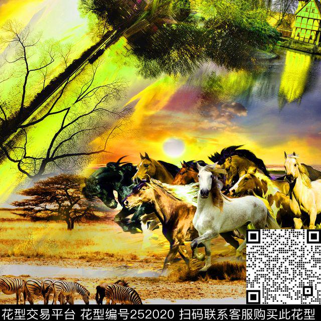 方巾边框油画风景景色动物马匹数码印花华亿平台下载（图片编号: 252020） - 瓦栏（Walan）