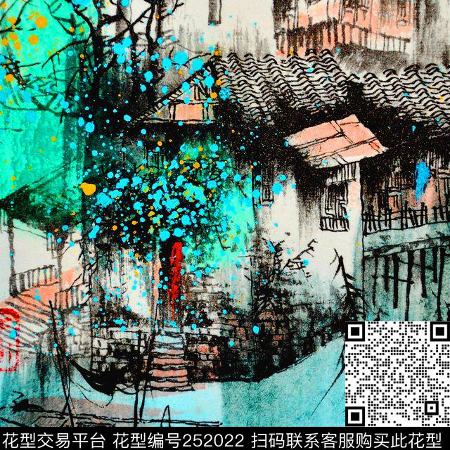 方巾边框油画风景景色中国水乡数码印花华亿平台下载（图片编号: 252022） - 瓦栏（Walan）