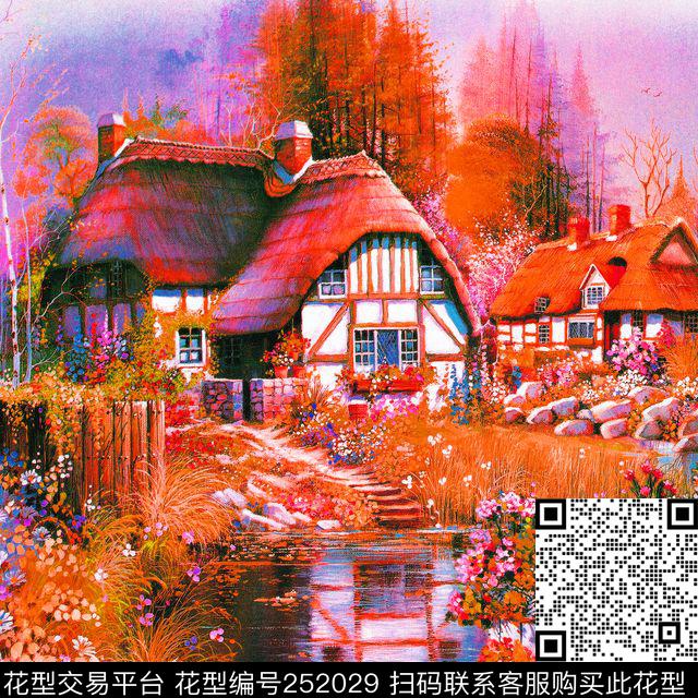方巾边框油画风景景色数码印花华亿平台下载（图片编号: 252029） - 瓦栏（Walan）