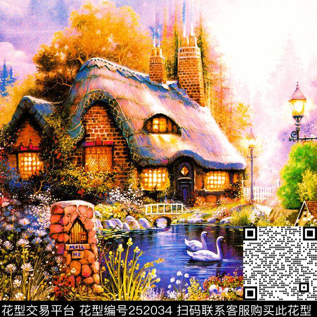 方巾边框油画风景景色数码印花华亿平台下载（图片编号: 252034） - 瓦栏（Walan）