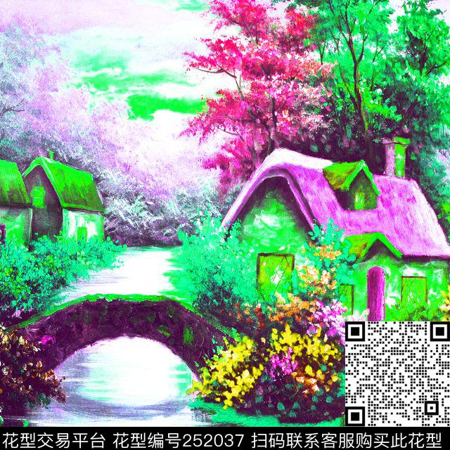 方巾边框油画风景景色数码印花华亿平台下载（图片编号: 252037） - 瓦栏（Walan）