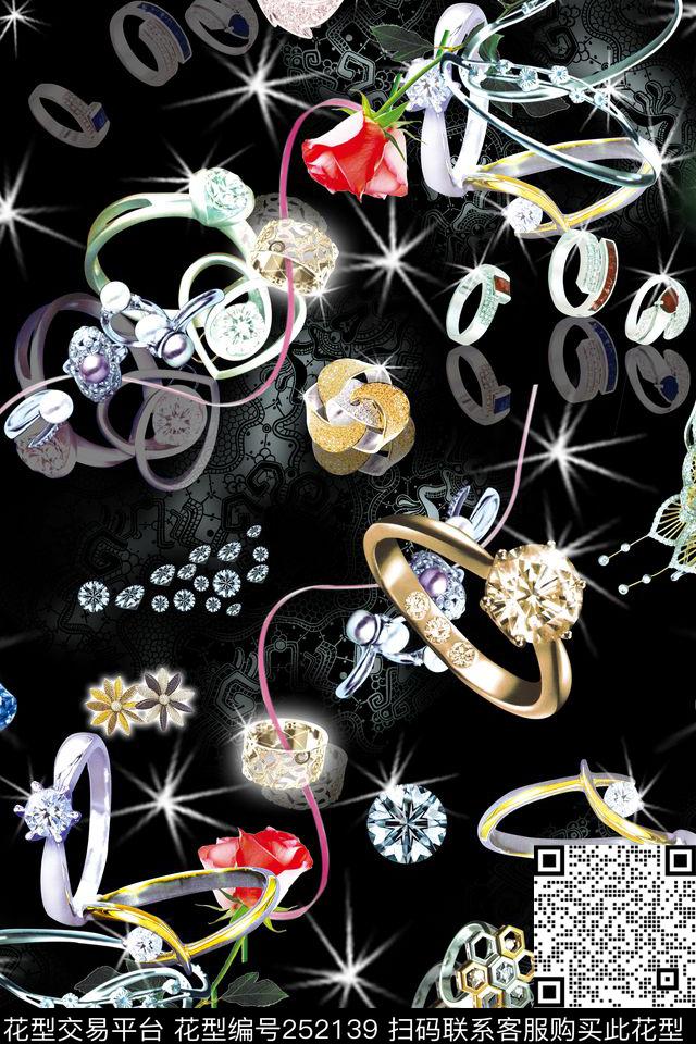 珠宝璀璨宝石首饰钻石黑底闪烁富贵数码印花华亿平台下载（图片编号: 252139） - 瓦栏（Walan）