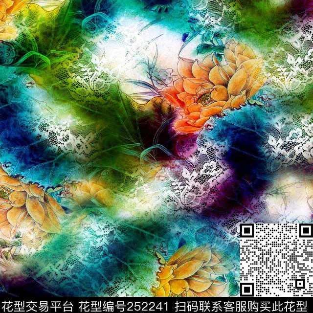 花卉莲花荷花中国风工笔画炫彩重彩爆款散花数码印花华亿平台下载（图片编号: 252241） - 瓦栏（Walan）