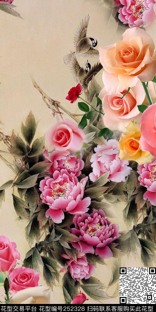 工笔画牡丹国画花卉数码印花华亿平台下载（图片编号: 252328） - 瓦栏（Walan）