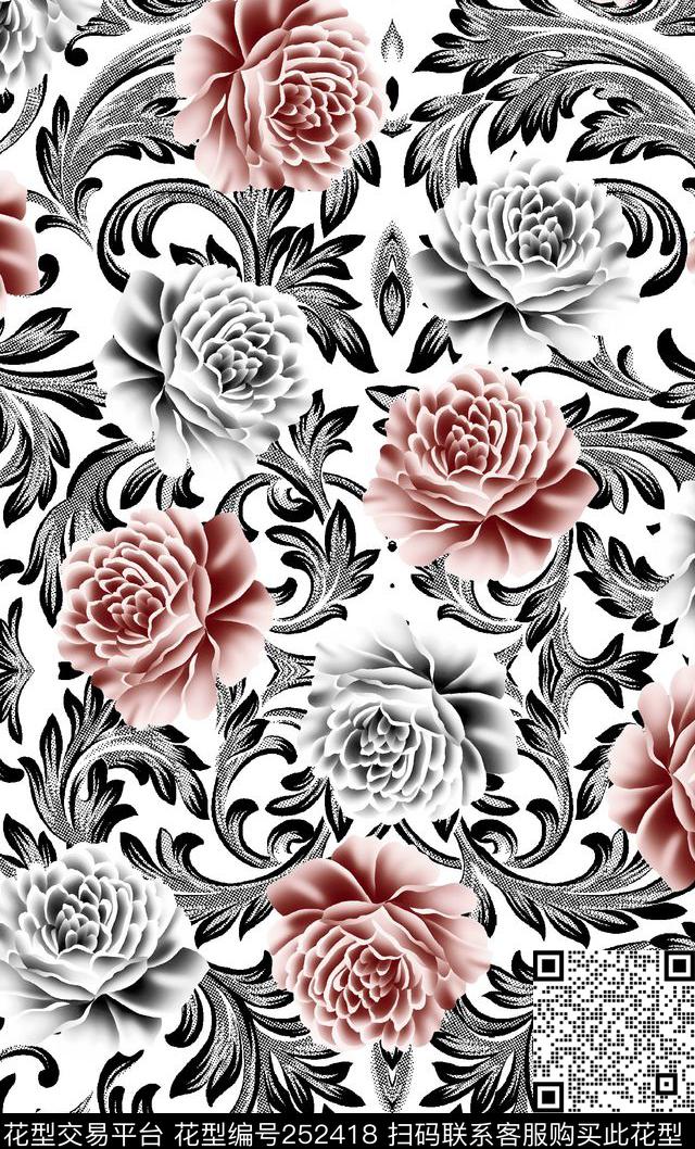 传统华亿平台花卉欧式复古淡雅清新爆款散花传统印花华亿平台下载（图片编号: 252418） - 瓦栏（Walan）