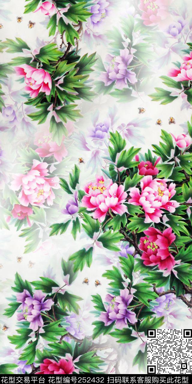 中国风工笔画米蛋老年装老人爆款散花数码印花华亿平台下载（图片编号: 252432） - 瓦栏（Walan）