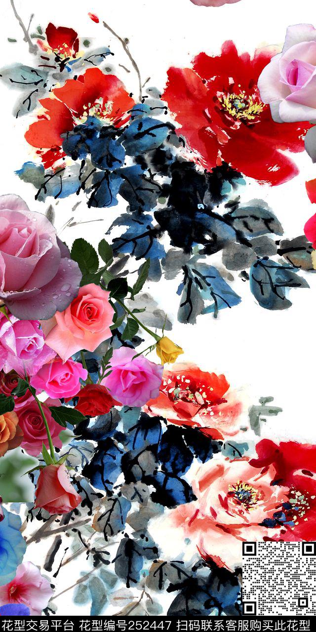 写意中国风国画花卉牡丹数码印花华亿平台下载（图片编号: 252447） - 瓦栏（Walan）