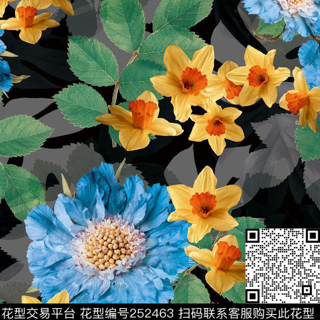 黑底花卉树叶写实老年装老年人爆款散花数码印花华亿平台下载（图片编号: 252463） - 瓦栏（Walan）