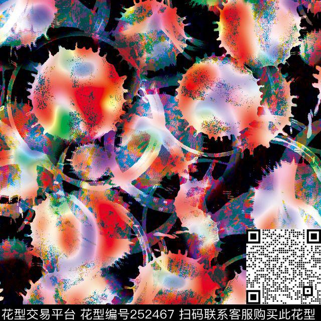 墨滴黑底炫彩圆圈抽象水滴光线前卫几何数码印花华亿平台下载（图片编号: 252467） - 瓦栏（Walan）