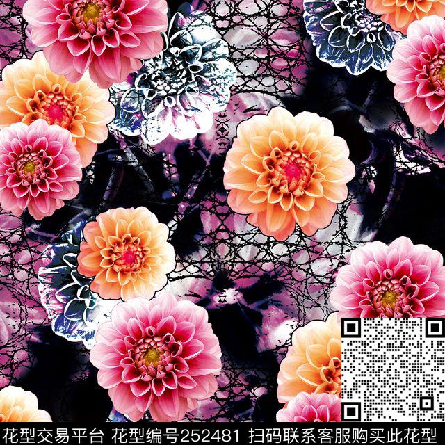 写实照片满底花卉菊花黑底老年装老人爆款散花数码印花华亿平台下载（图片编号: 252481） - 瓦栏（Walan）